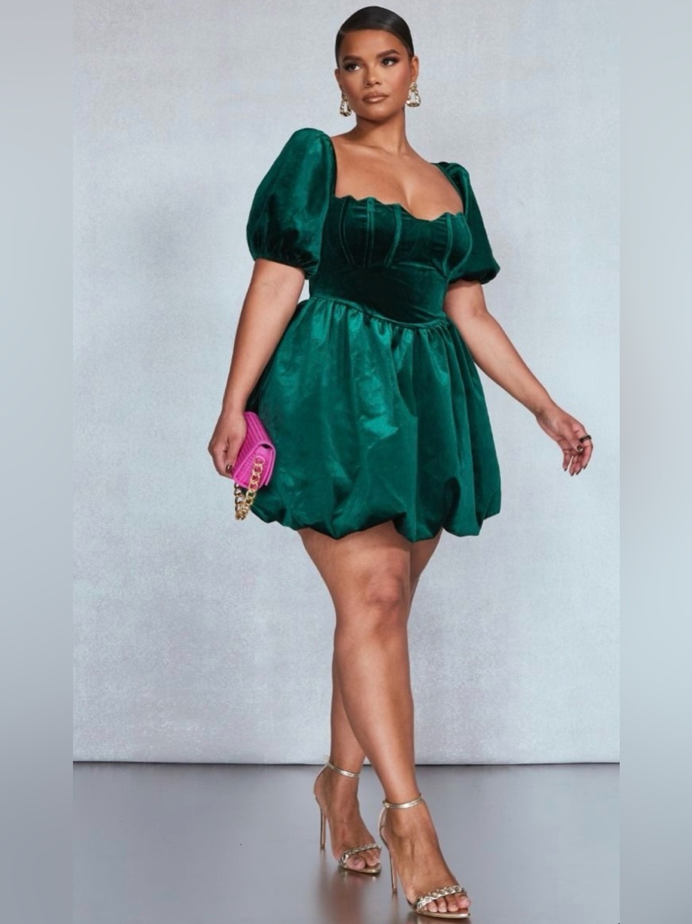 Emerald Green Velvet Puff Sleeve Mini Dress